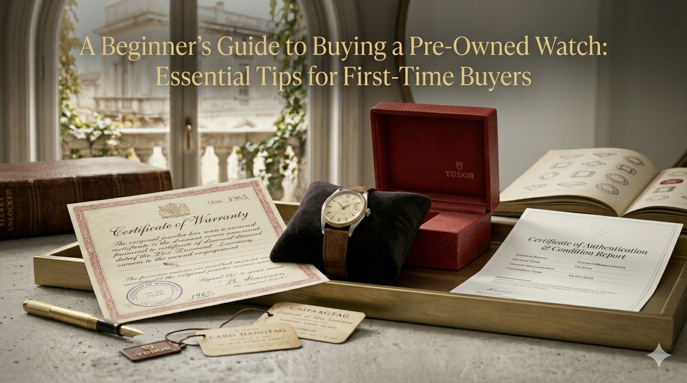 Pre-owned luxury watch on display — a beginner's buying guide