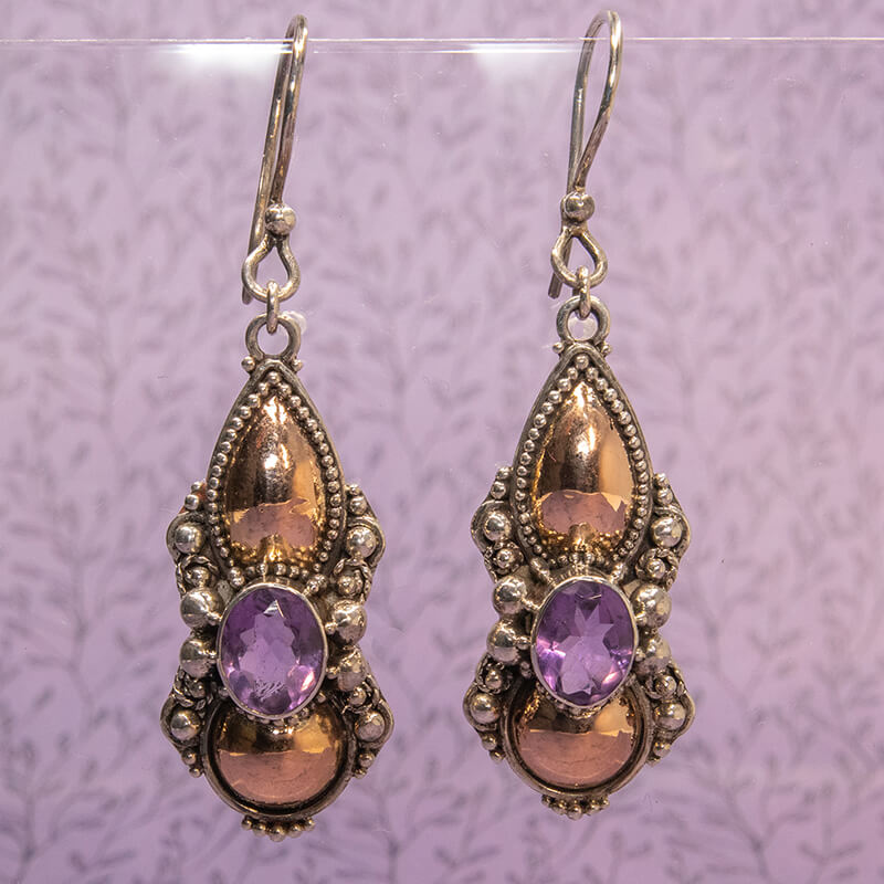 9Ct Gold And Silver Paired Amethyst Drop Earrings