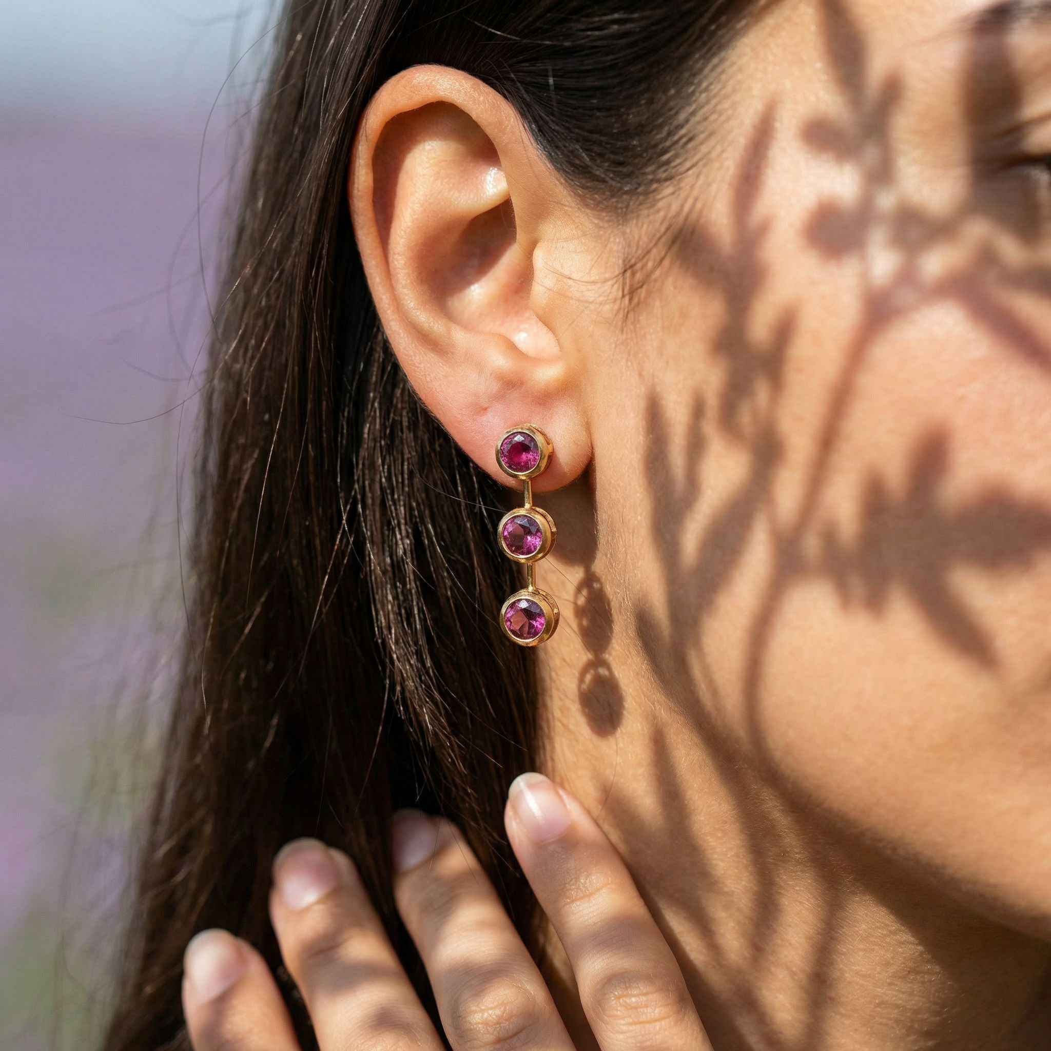 9Ct Gold Bezel Set Rubelite Drop Earrings