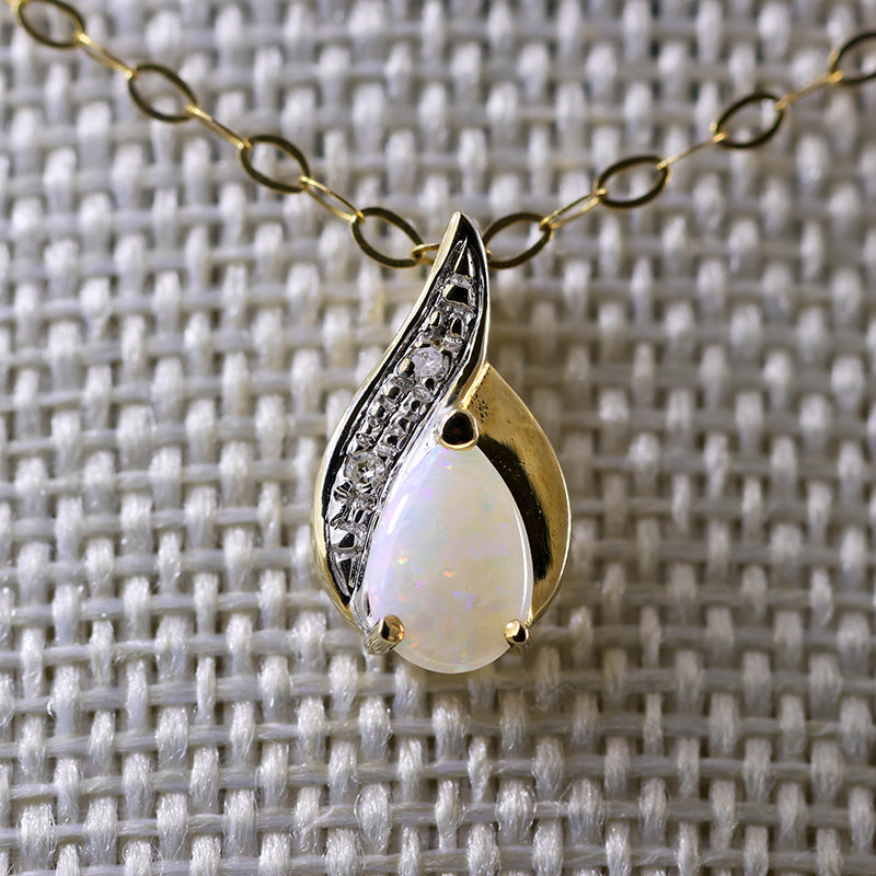 9Ct Gold Pear Cut Opal Diamond Pendant