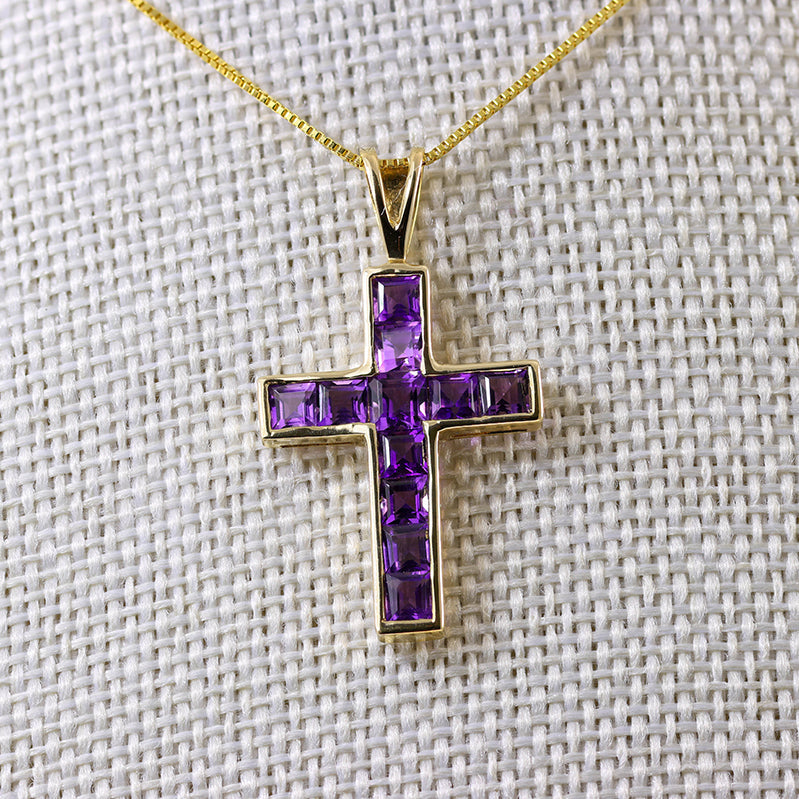 9Ct Gold Square Cut Amethyst Crucifix Pendant