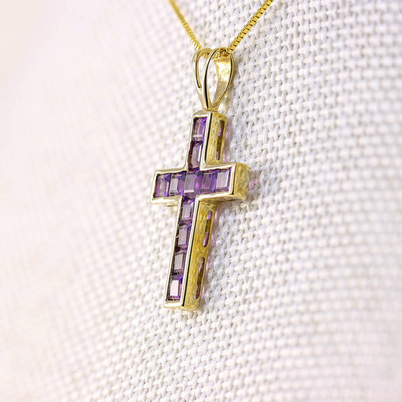 9Ct Gold Square Cut Amethyst Crucifix Pendant
