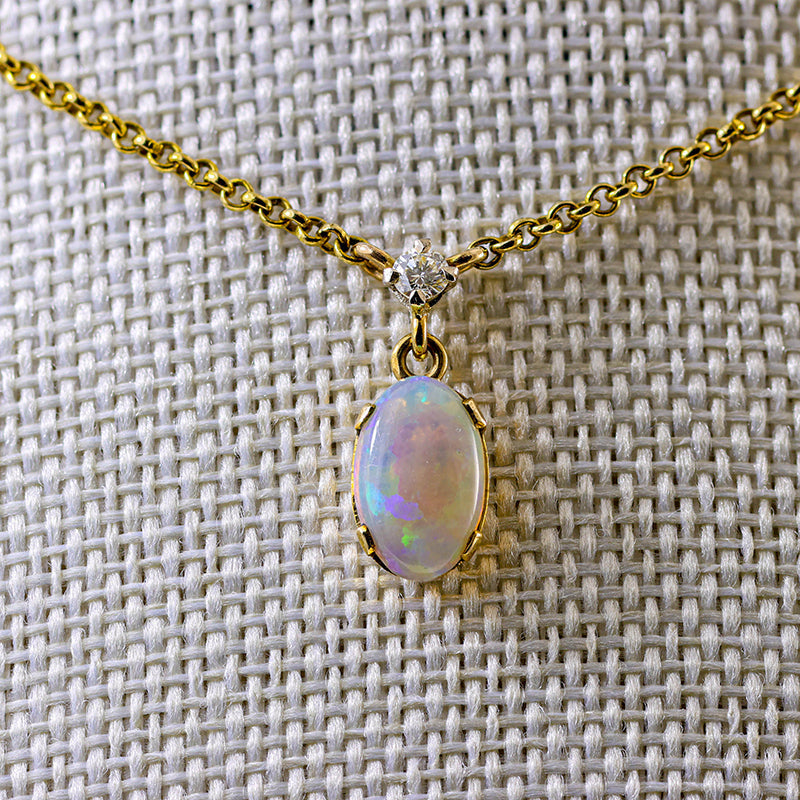 9Ct Gold Pale Opal & Diamond necklace