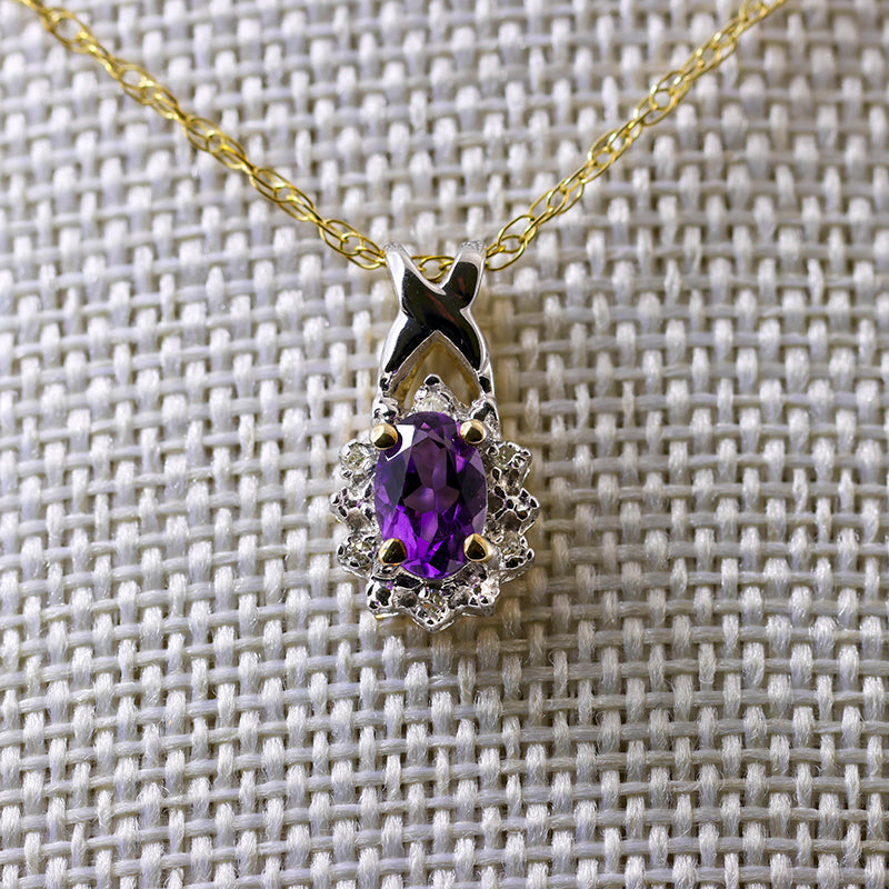 9Ct White And Yellow Gold Diamond And Amethyst Pendant