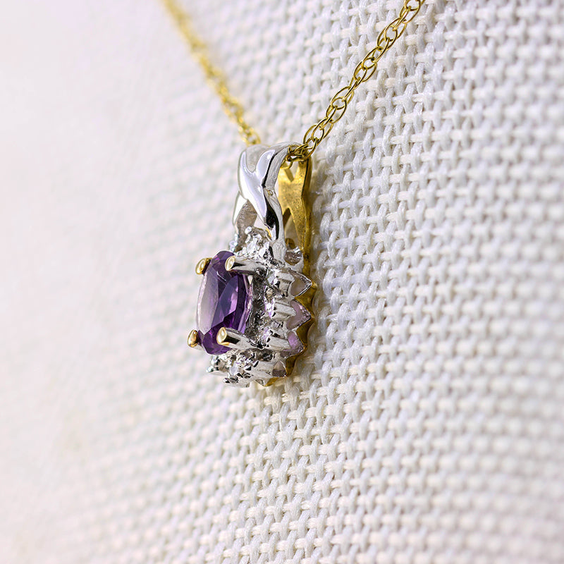 9Ct White And Yellow Gold Diamond And Amethyst Pendant