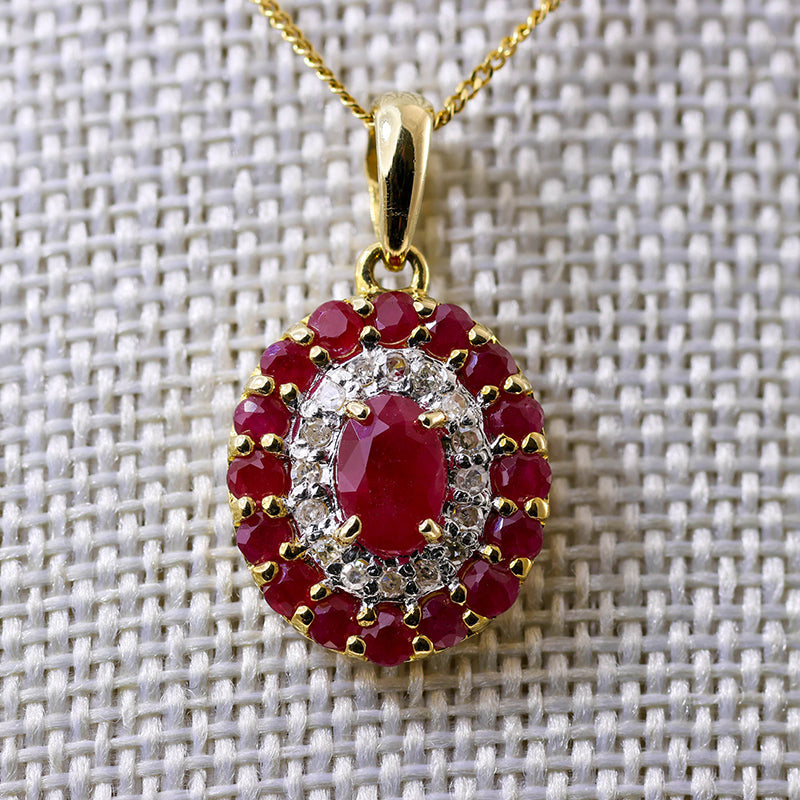 9Ct Gold Ruby, Diamond & Ruby Double Halo necklace
