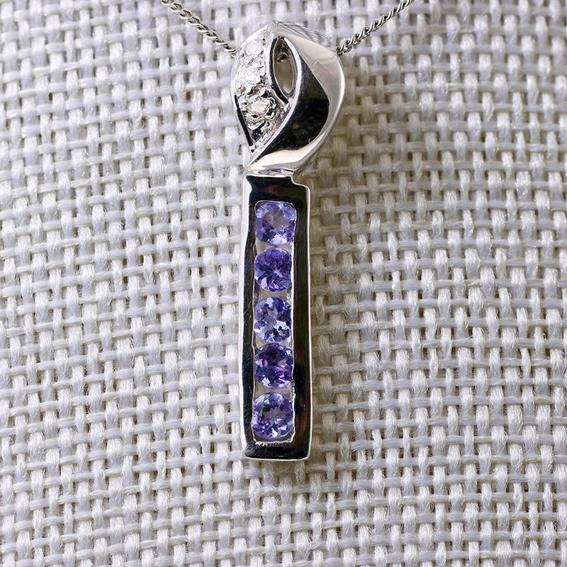 9Ct White Gold Channel Set Tanzanite & Diamond Bar necklace