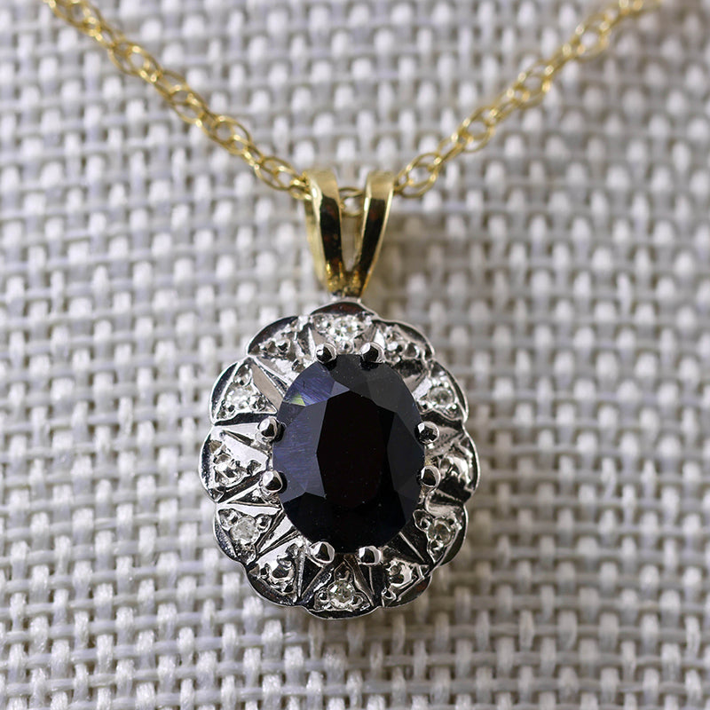 9ct gold sapphire & diamond Halo necklace