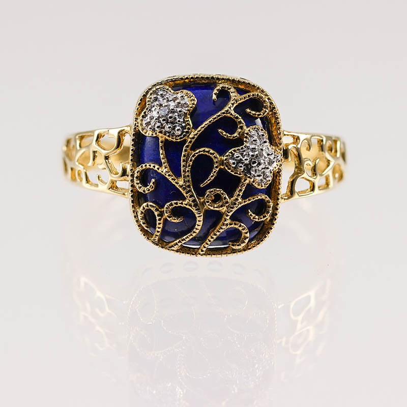 9Ct Gold Filigree Lapis Lazuli Ring With Diamonds