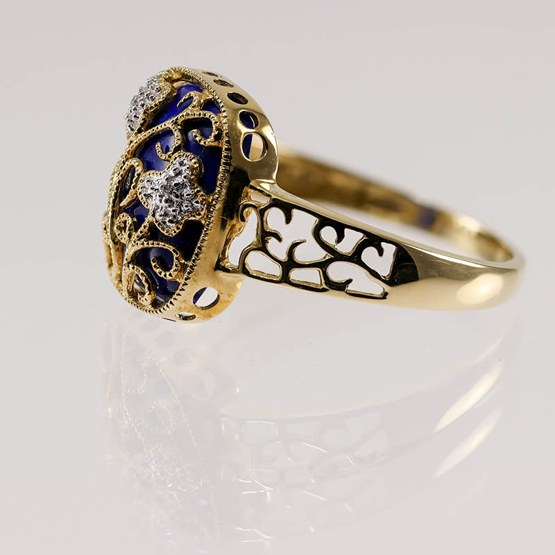 9Ct Gold Filigree Lapis Lazuli Ring With Diamonds