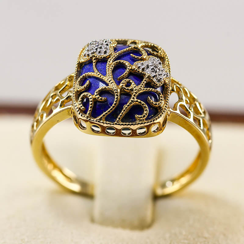 9Ct Gold Filigree Lapis Lazuli Ring With Diamonds