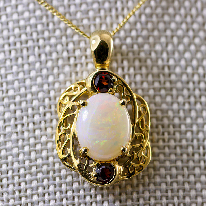 9Ct Gold Ornate Pale Opal & Garnet necklace