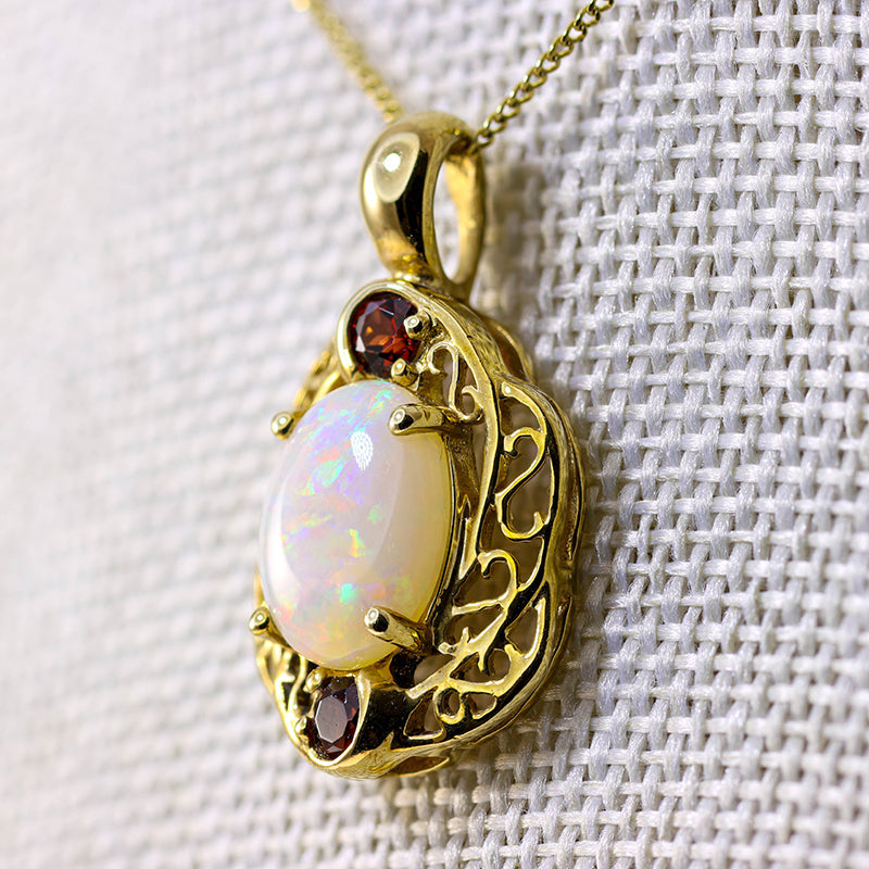 9Ct Gold Ornate Pale Opal & Garnet necklace