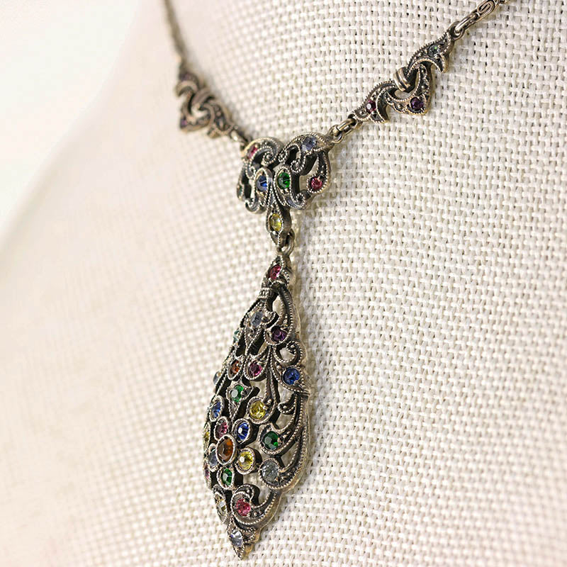 Silver Lavalier Necklace Set With Cut Glass