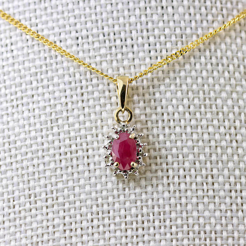 9Ct Gold Ruby & Diamond Halo necklace