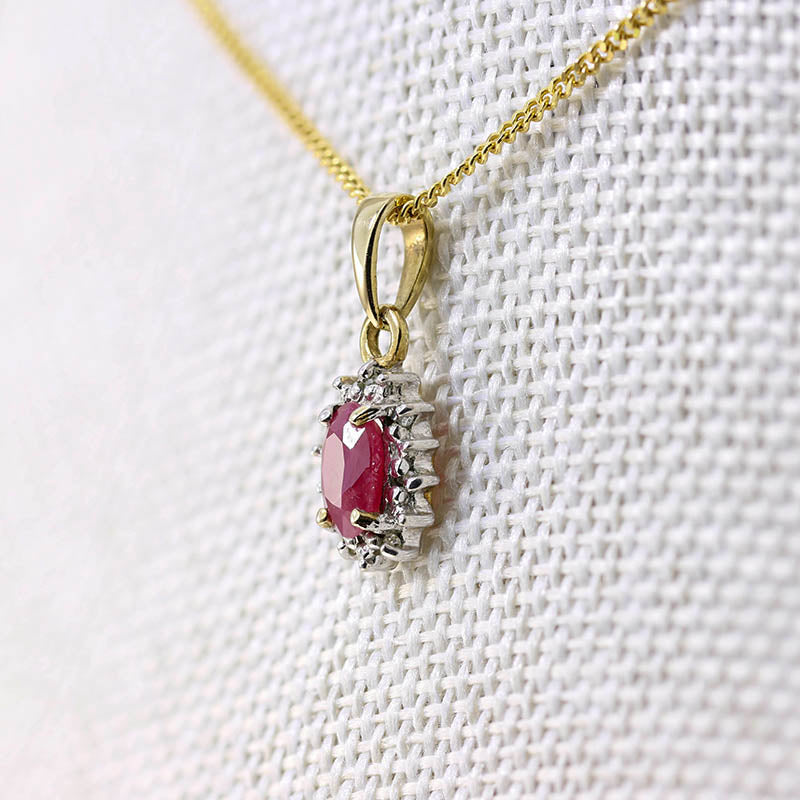 9Ct Gold Ruby & Diamond Halo necklace