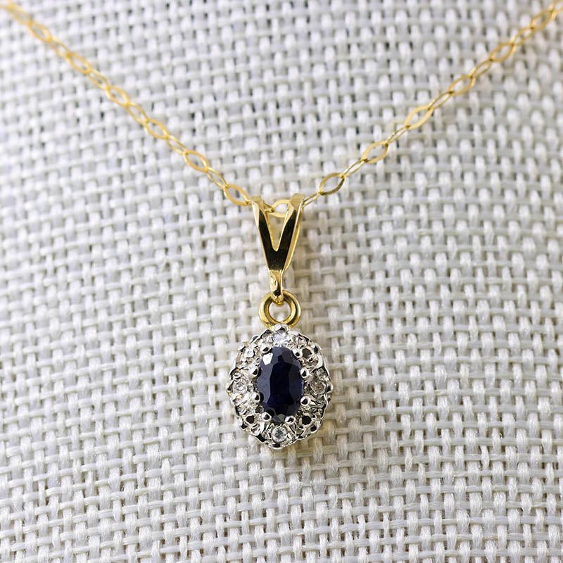 9ct Gold Sapphire Diamond Halo Pendant