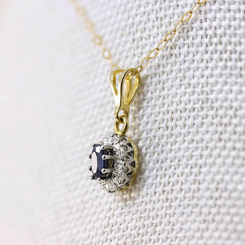 9ct Gold Sapphire Diamond Halo Pendant