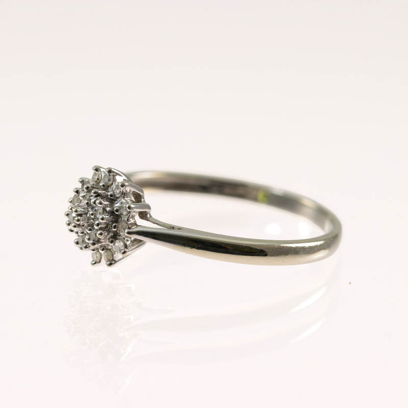 9ct White Gold Diamond Cluster Ring — side profile showing claw settings