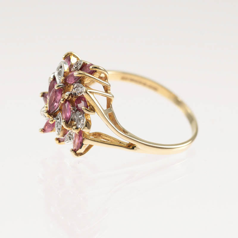 9Ct Gold Ruby & Diamond Cluster Ring — side profile showing cluster settings