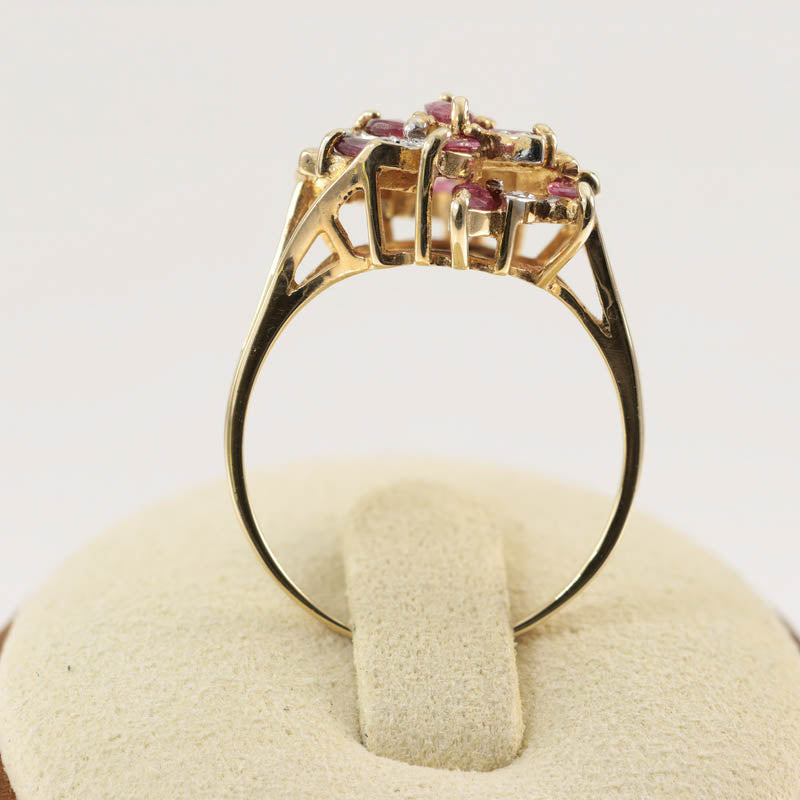 9Ct Gold Ruby & Diamond Cluster Ring — back view on ring stand showing gallery