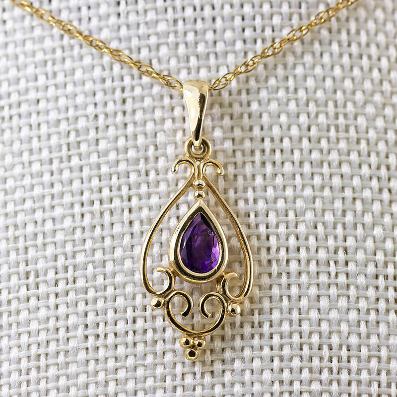 9Ct Gold Antique Scroll Work Amethyst Pendant