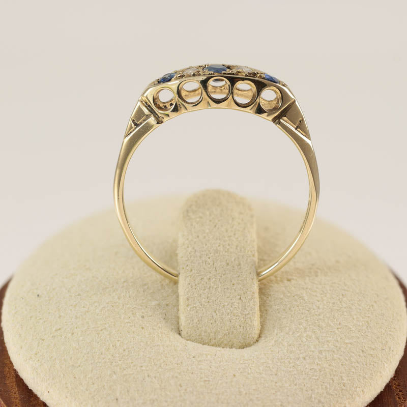 9Ct Gold Antique Sapphire & Diamond Ring — back view on ring stand showing pierced gallery