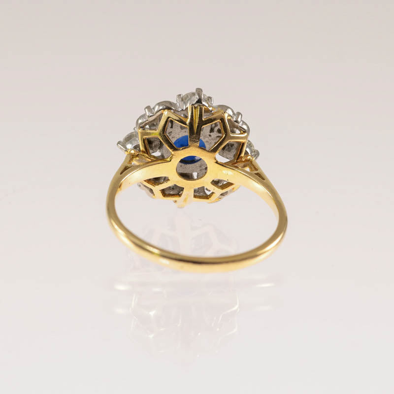 18Ct Gold & Platinum Sapphire & Diamond Flowerhead Cluster Ring — back view showing openwork gallery