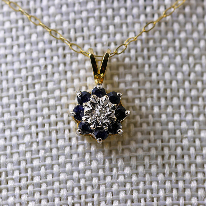 9Ct Gold Floral Sapphire And Diamond Pendant