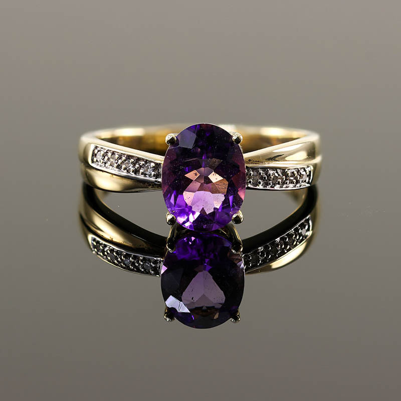 9Ct Gold Amethyst Single Stone Ring With Diamond Set Shank