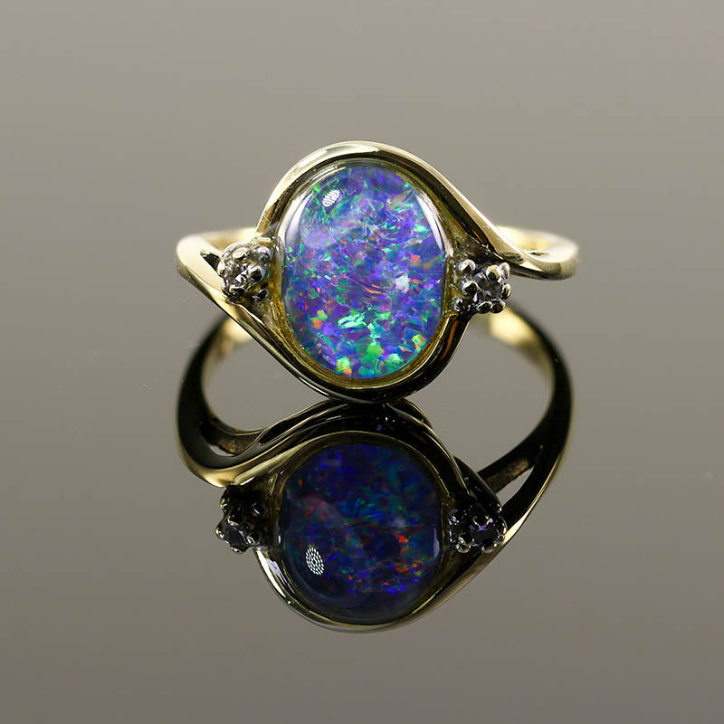 14Ct Gold Black Doublet Opal &amp; Diamond Ring