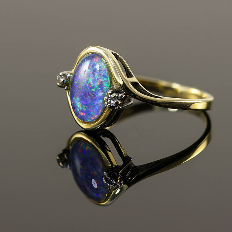 14Ct Gold Black Doublet Opal &amp; Diamond Ring