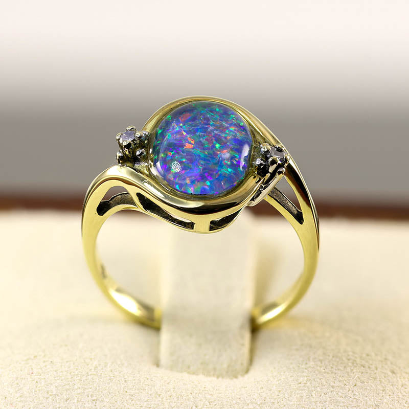 14Ct Gold Black Doublet Opal &amp; Diamond Ring