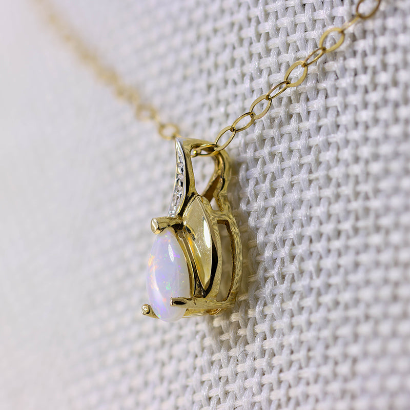 9Ct Gold Pear Cut Opal Diamond Pendant