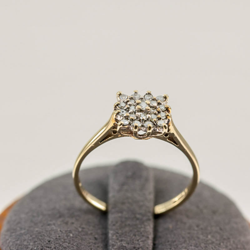 9Ct Gold Diamond Square Cluster Ring — displayed on ring stand