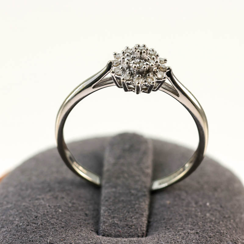 9ct White Gold Diamond Cluster Ring — displayed on ring stand