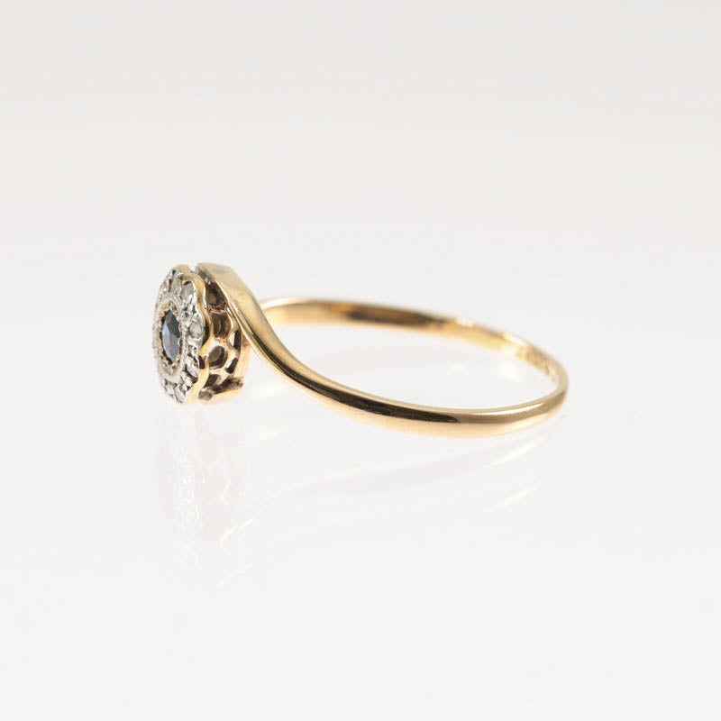 18Ct Gold & Platinum Diamond & Sapphire Halo Ring — side profile showing halo setting