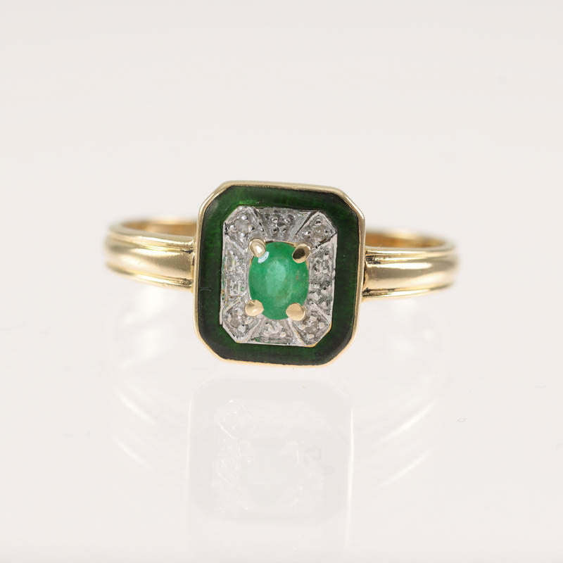 14Ct Gold Diamond & Emerald Dress Ring — top view of emerald, diamond halo and enamel frame