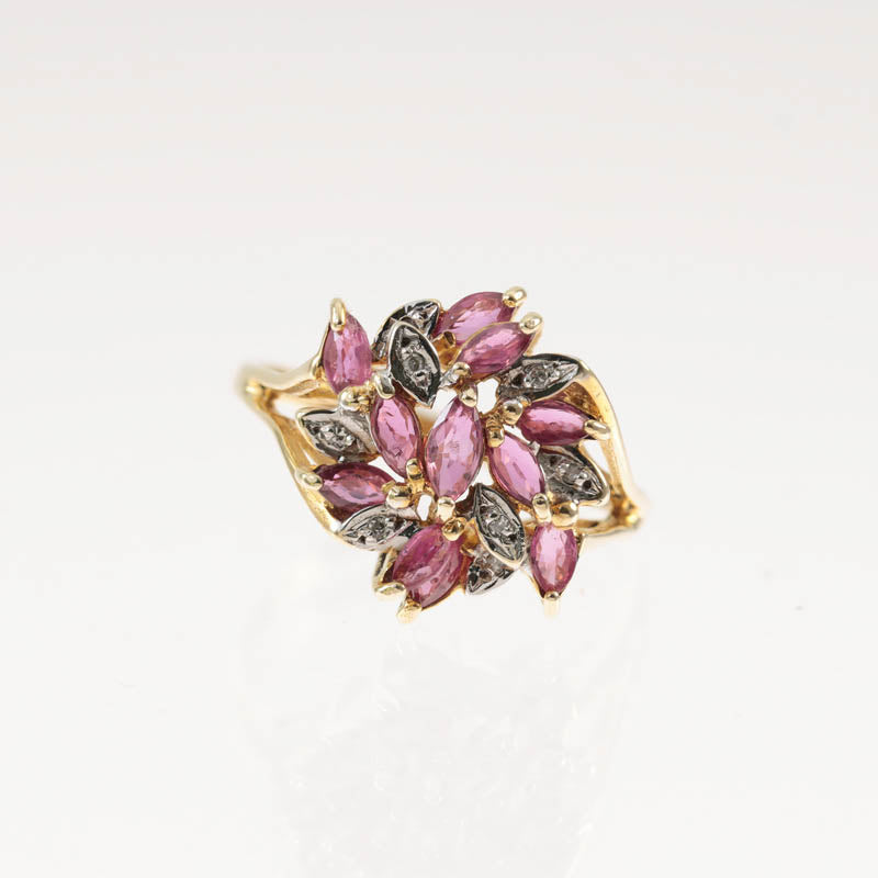 9Ct Gold Ruby & Diamond Cluster Ring — top view of ruby and diamond cluster