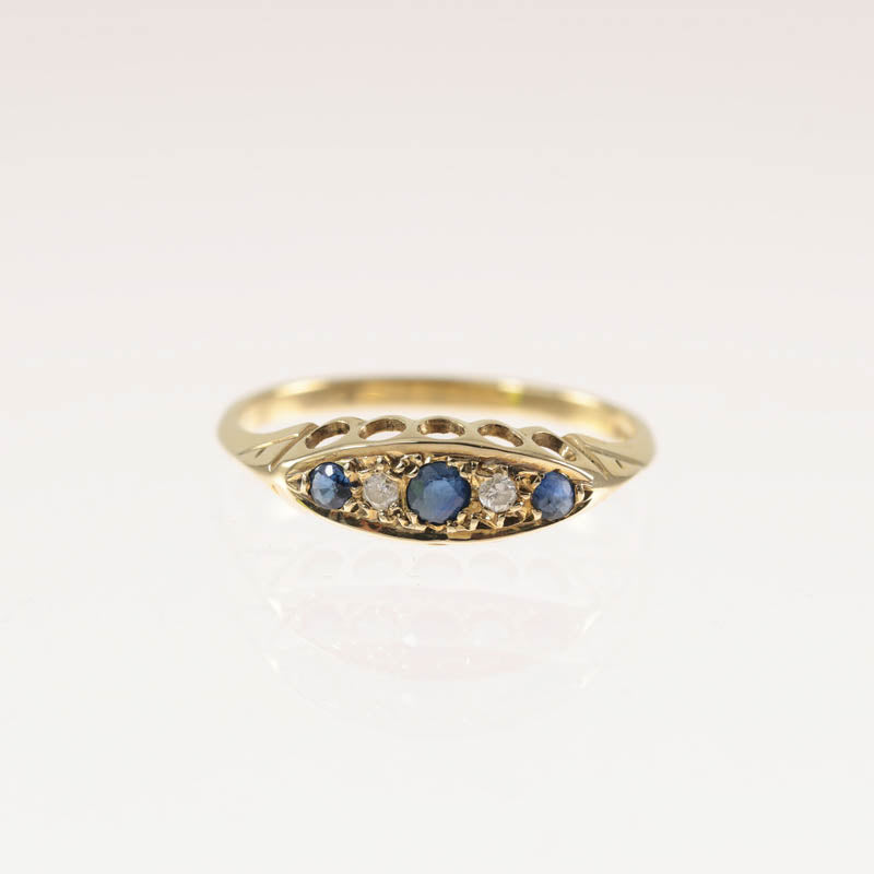 9Ct Gold Antique Sapphire & Diamond Ring — top view of navette head with sapphires and diamonds