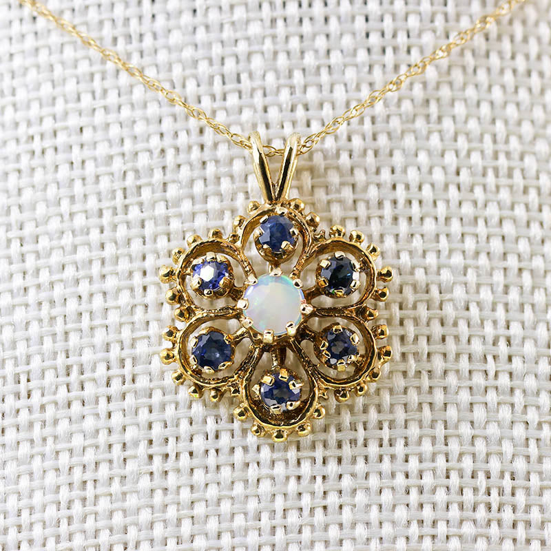 9Ct Gold Antique Opal &amp; Sapphire Floral Pendant