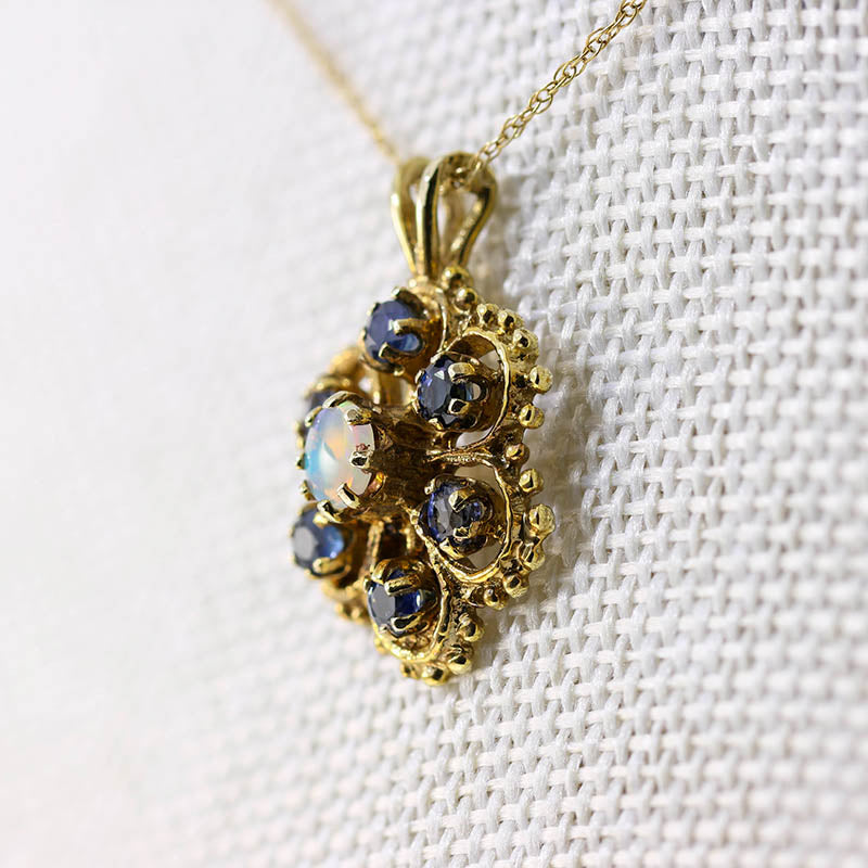 9Ct Gold Antique Opal &amp; Sapphire Floral Pendant