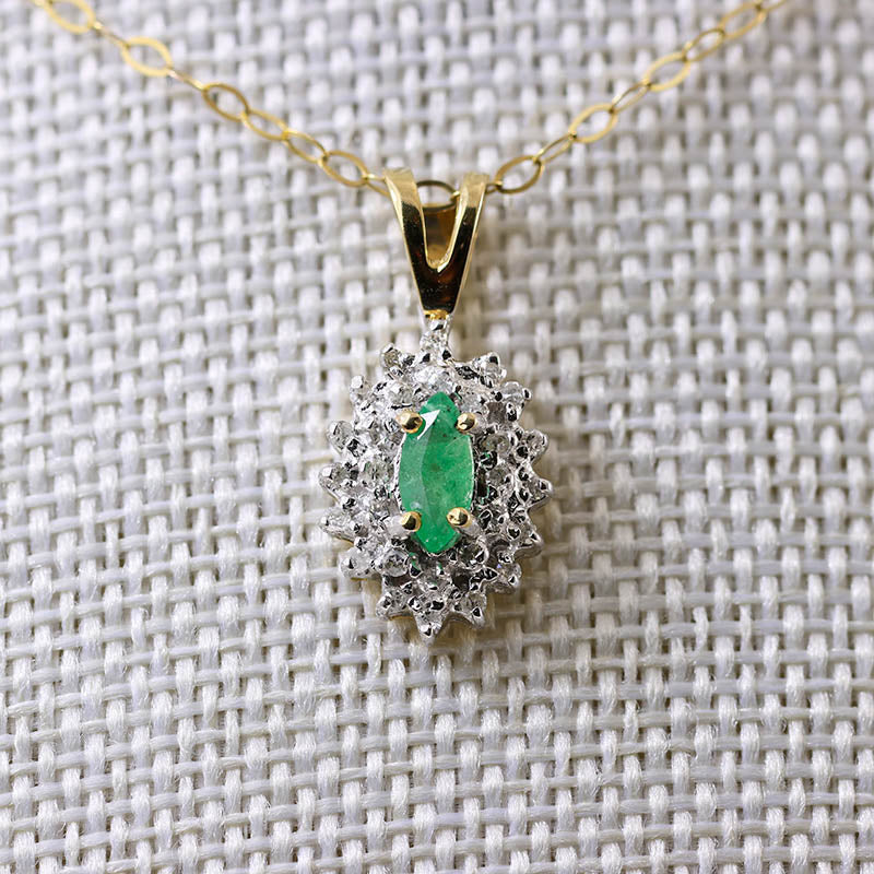 9Ct Gold Emerald & Diamond Halo Pendant