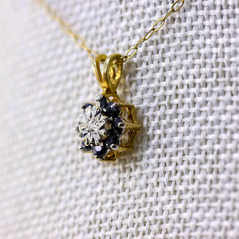 9Ct Gold Floral Sapphire And Diamond Pendant