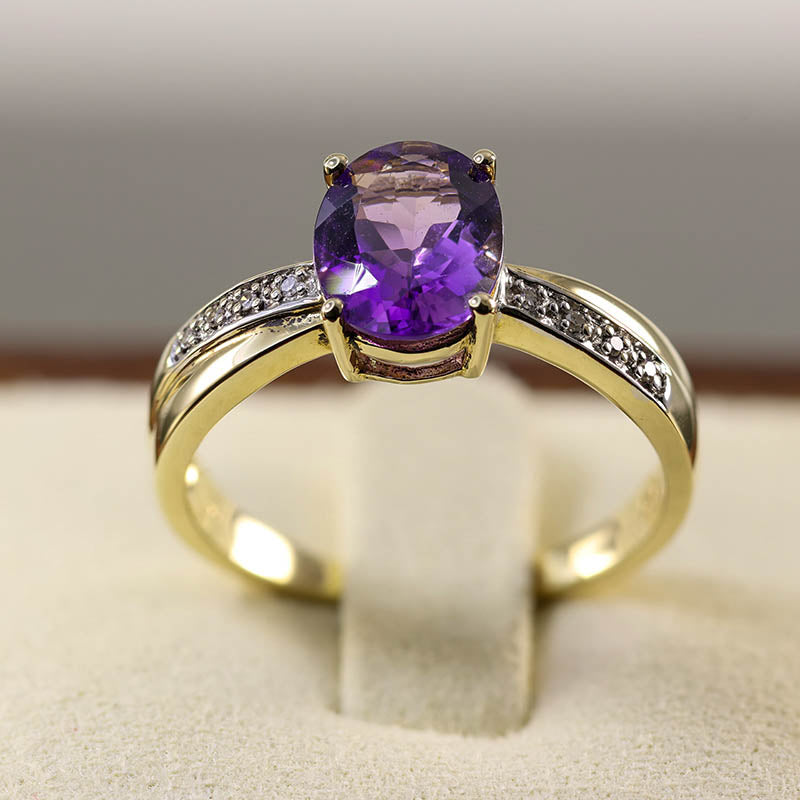9Ct Gold Amethyst Single Stone Ring With Diamond Set Shank