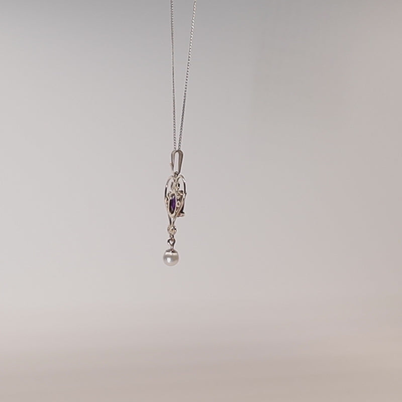 9Ct Gold Amethyst &amp; Faux Pearl Lavalier necklace