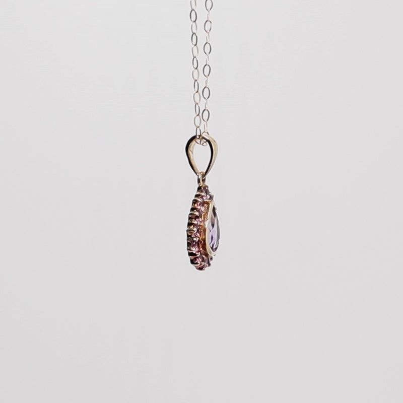 9Ct Gold Pear Shaped Amethyst Halo Pendant