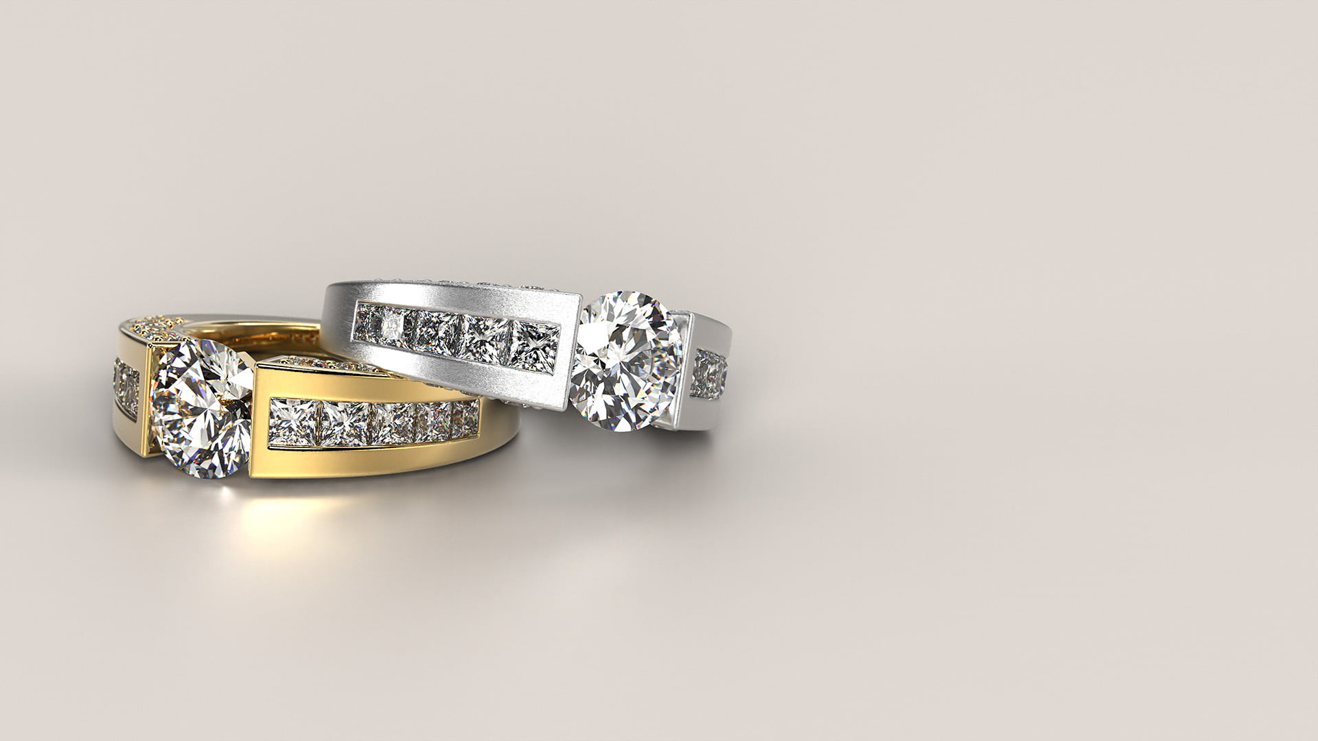 Tension setting solitaire ring in yellow gold and brushed white