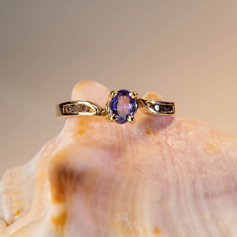 9Ct Gold Tanzanite Single Stone Ring Diamond Set Shank